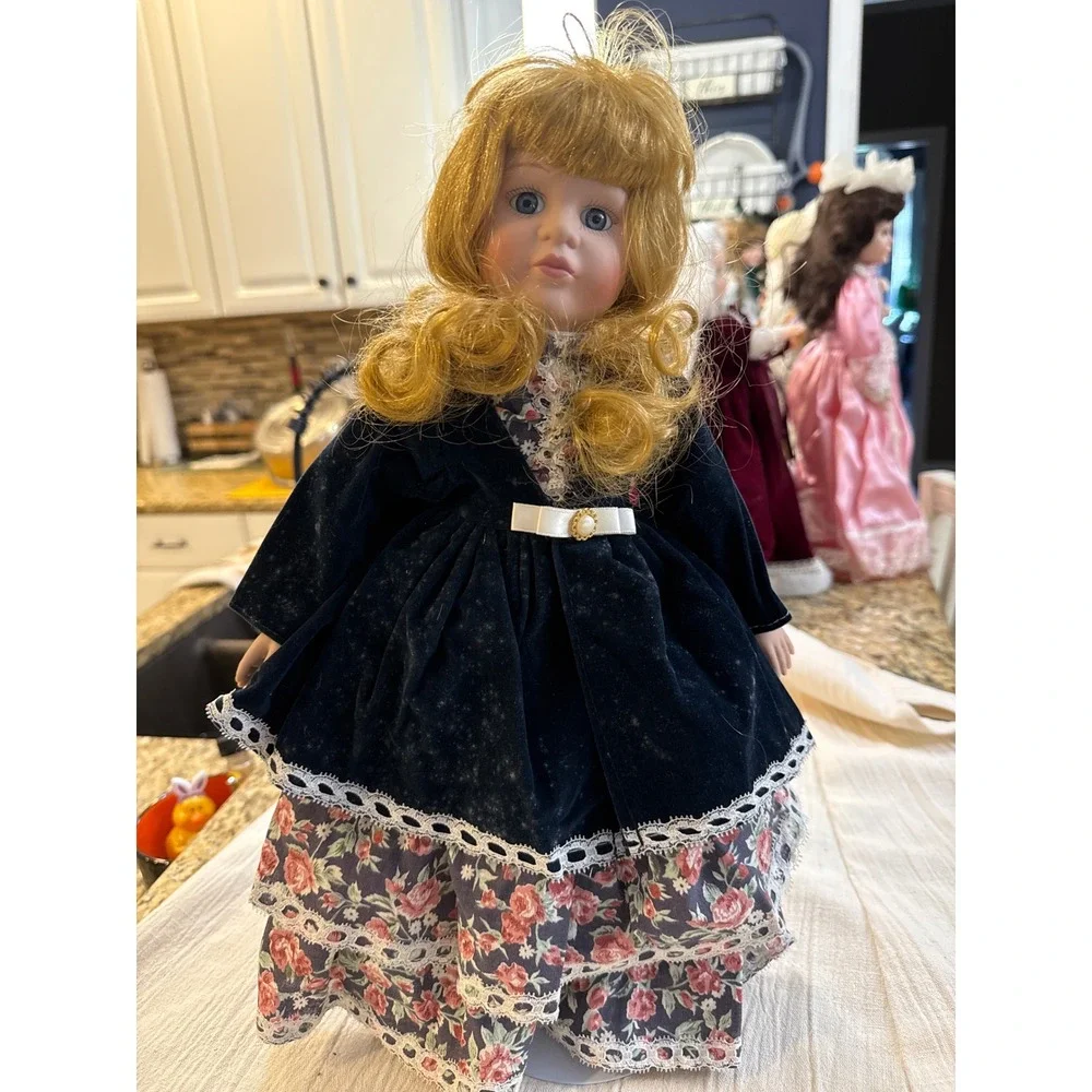 Vintage Porcelain Collector Doll 16 inch Blue Velvet Floral Lace Victorian Style